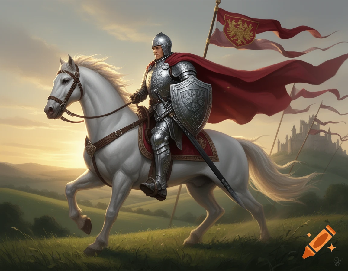 A knight in full armor with a red cape rides a white horse across a grassy field towards a distant castle at sunset.