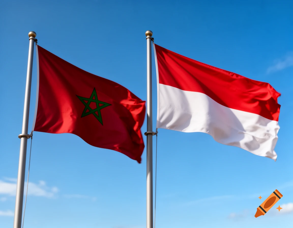 The red flag of Morocco with a green pentagram and the red and white flag of Monaco fly against a blue sky.