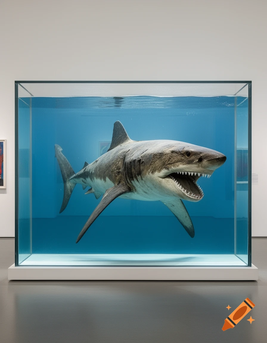 A large preserved shark with an open mouth, floating in a clear glass tank filled with blue liquid, displayed in a modern art museum.