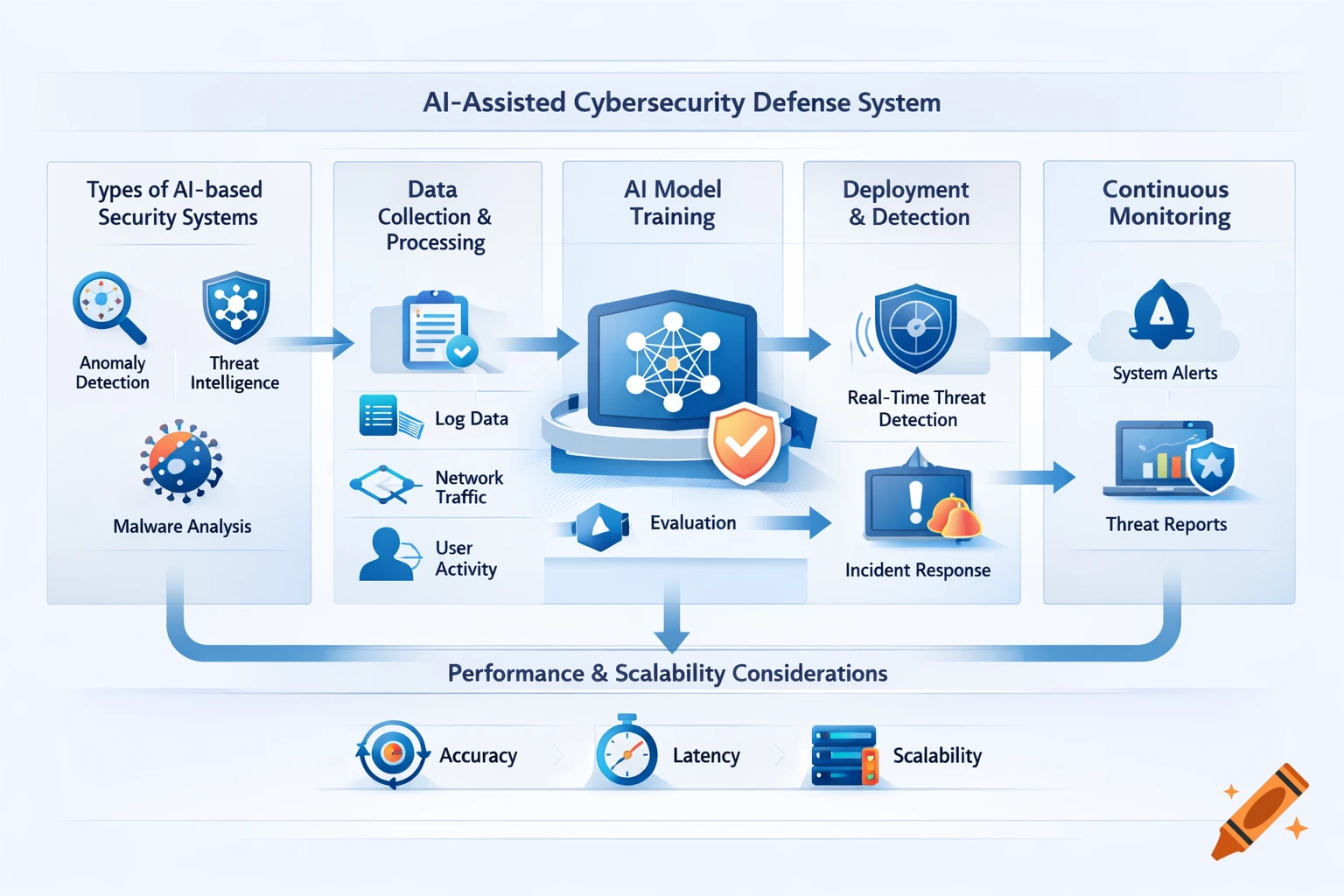 A detailed flowchart illustrating an AI-Assisted Cybersecurity Defense System, showing data collection, AI model training, deployment, detection, and continuous monitoring processes, along with performance considerations.