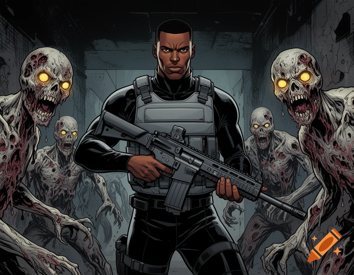 A comic book illustration of a Black man in tactical gear holding a rifle, surrounded by decaying zombies with glowing yellow eyes in a dark corridor.