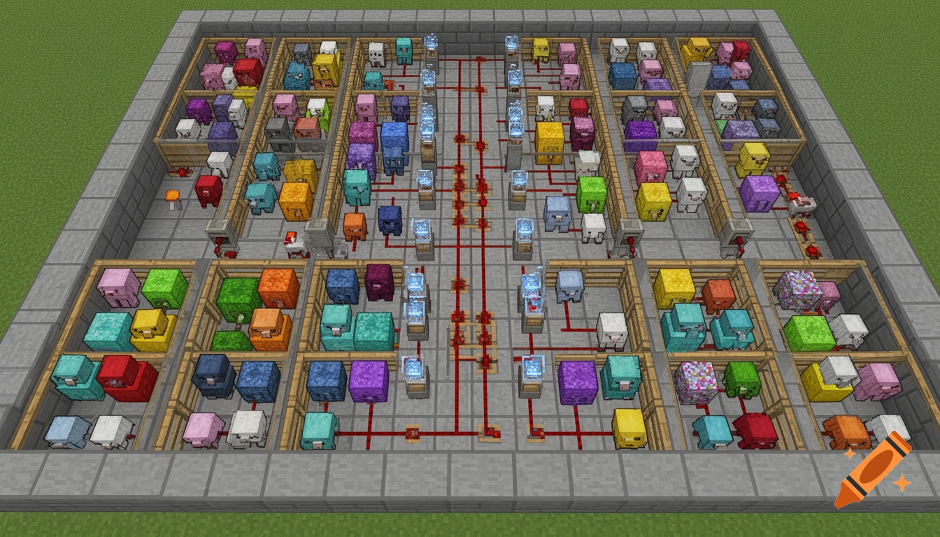 Top-down view of a colorful Minecraft wool farm with sheep in pens, redstone wiring, and water dispensers.