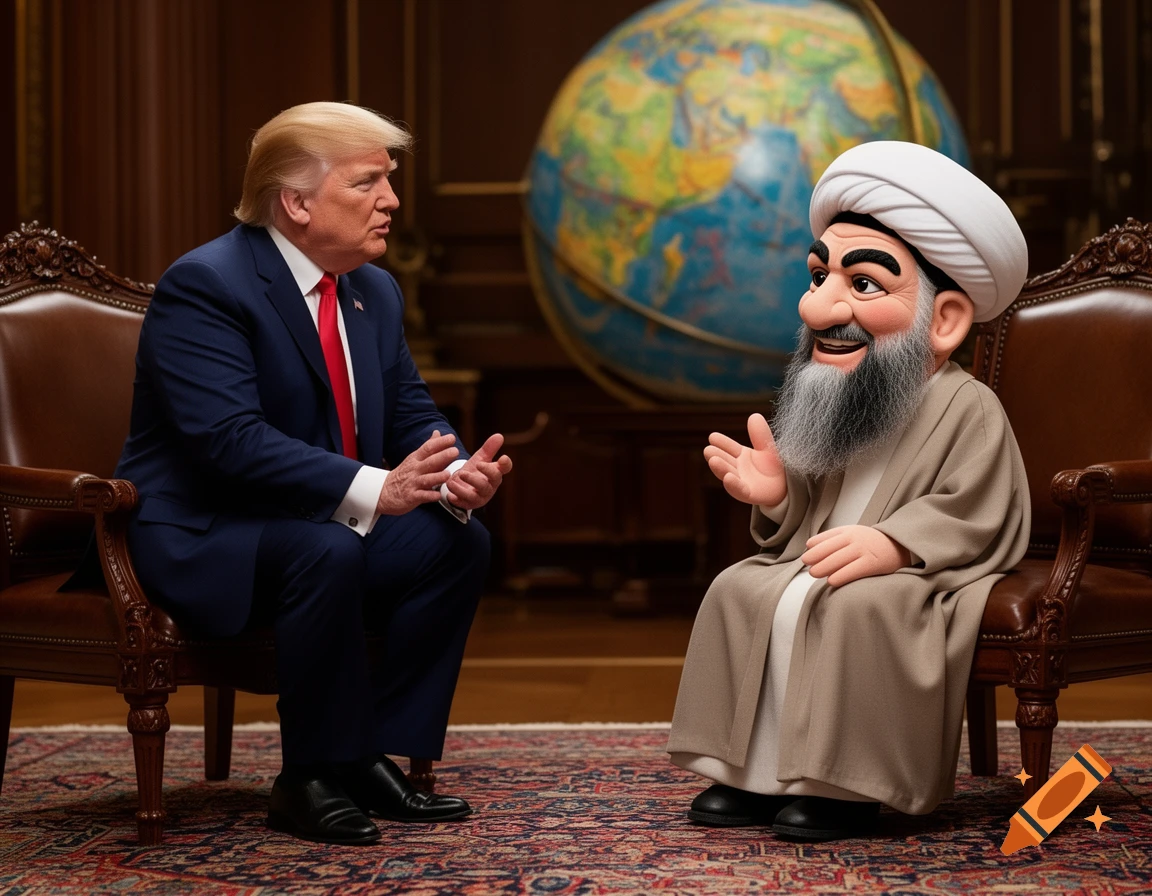 Donald Trump in a blue suit sits across from an Ayatollah puppet in a brown robe, talking in a stately room with a globe.