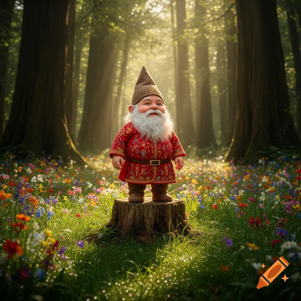 A cheerful, bearded gnome in a red tunic stands on a tree stump in a sunlit forest clearing filled with colorful wildflowers.