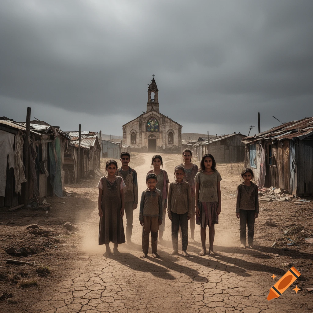 A group of somber children and adults stand on a dusty, cracked road in a poor settlement, with a ruined church under a cloudy sky.