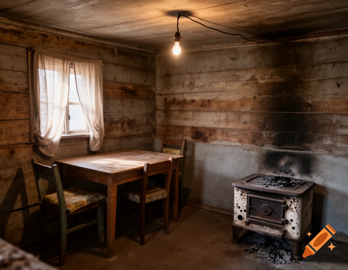 A dimly lit, rustic room with wooden walls, a simple table and chairs, a window with sheer curtains, and a grimy old wood-burning stove.