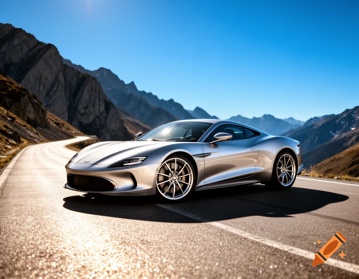 A sleek silver sports car is parked on a winding asphalt road, surrounded by rocky mountains under a clear blue sky. Sunlight reflects off the road.