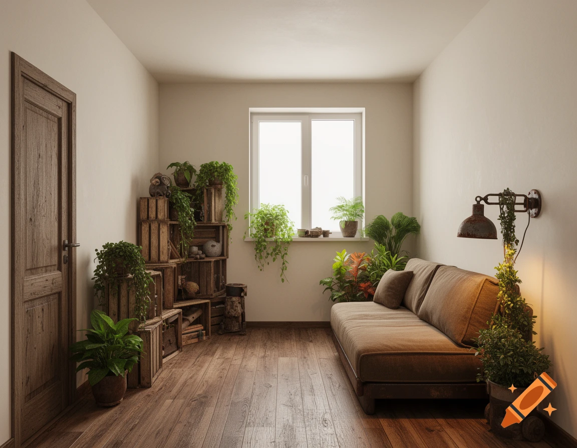 Cozy rustic room with a brown couch, many plants, wooden crates as shelves, a wooden door, and a bright window.