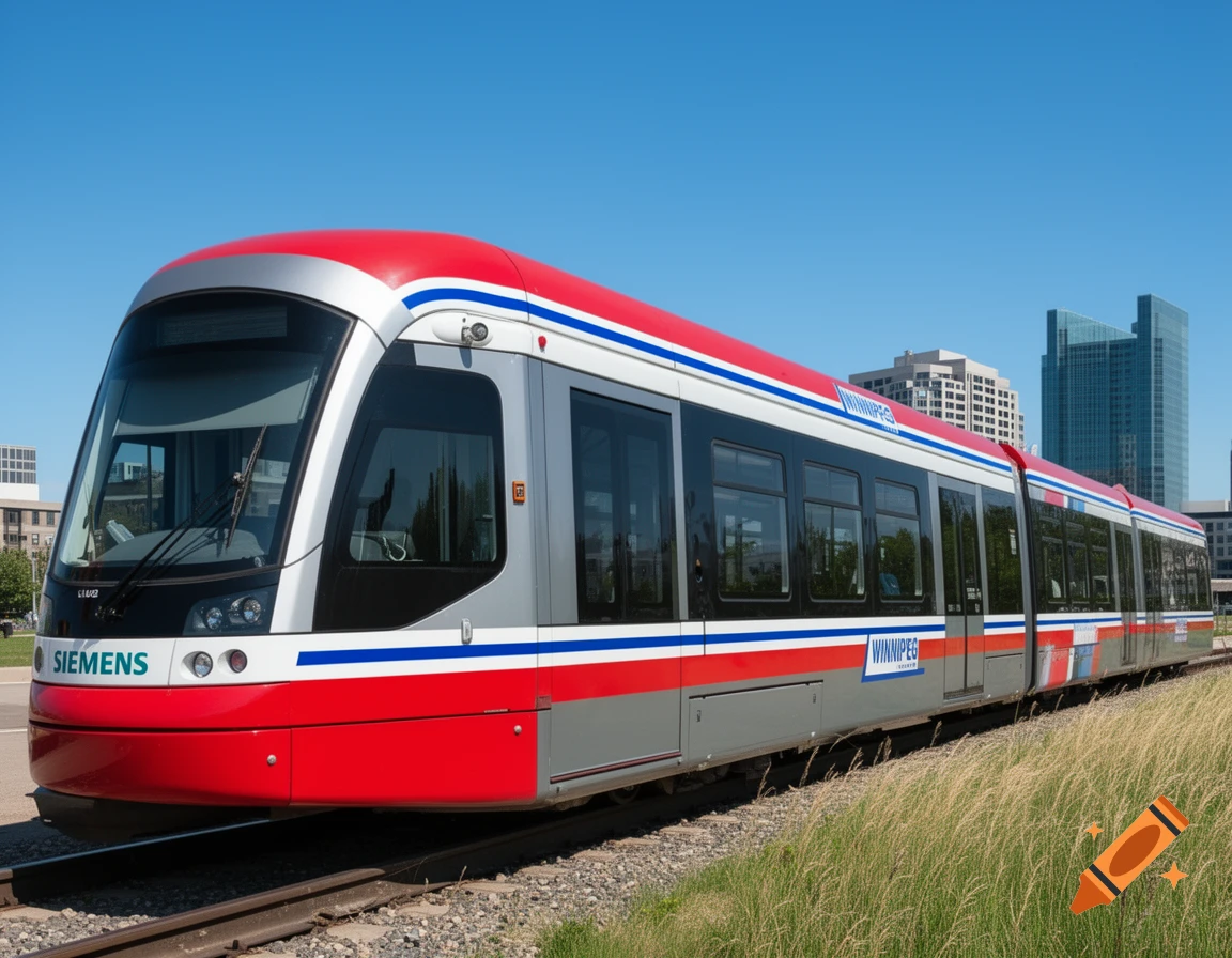 A modern red, grey, and white Siemens tram on tracks, with city buildings and a grassy area under a clear blue sky.
