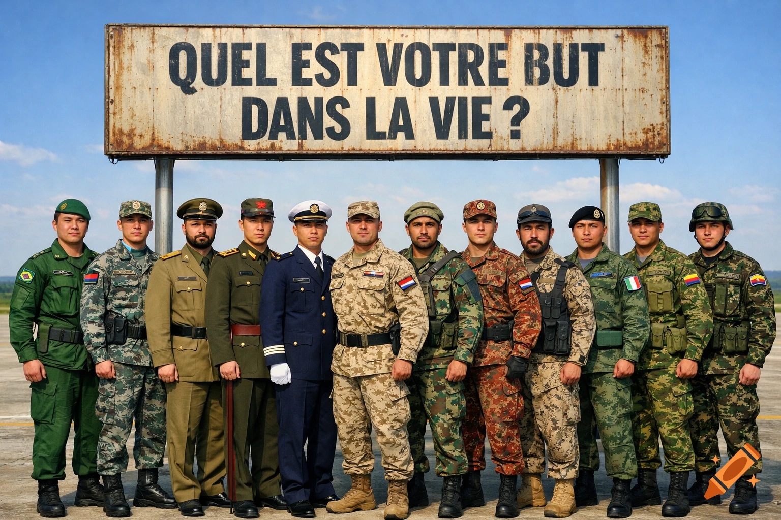 Eleven soldiers in various uniforms and camouflage stand in a line under a large sign that reads "QUEL EST VOTRE BUT DANS LA VIE?" against a blue sky.