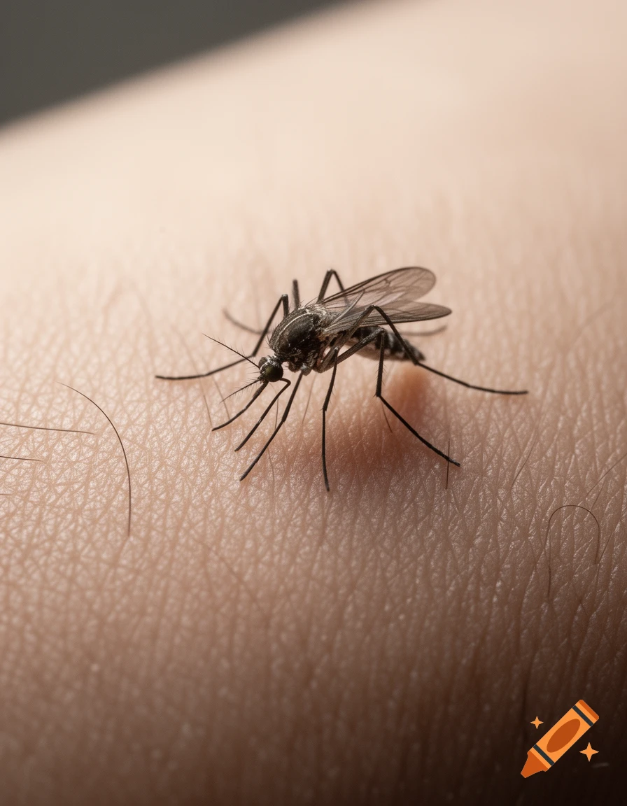 A close-up, high-detail macro photograph of a mosquito landing on human skin, with visible skin texture and hairs.
