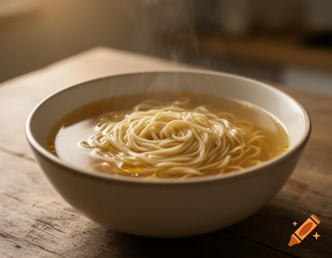 A close-up, photorealistic shot of steaming ramen noodles in a white bowl on a wooden table.