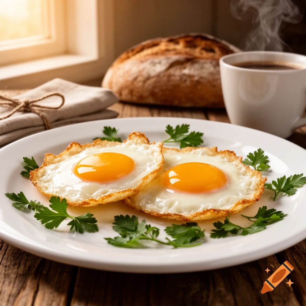Two sunny-side-up fried eggs with parsley on a white plate, with bread and steaming coffee on a wooden table.