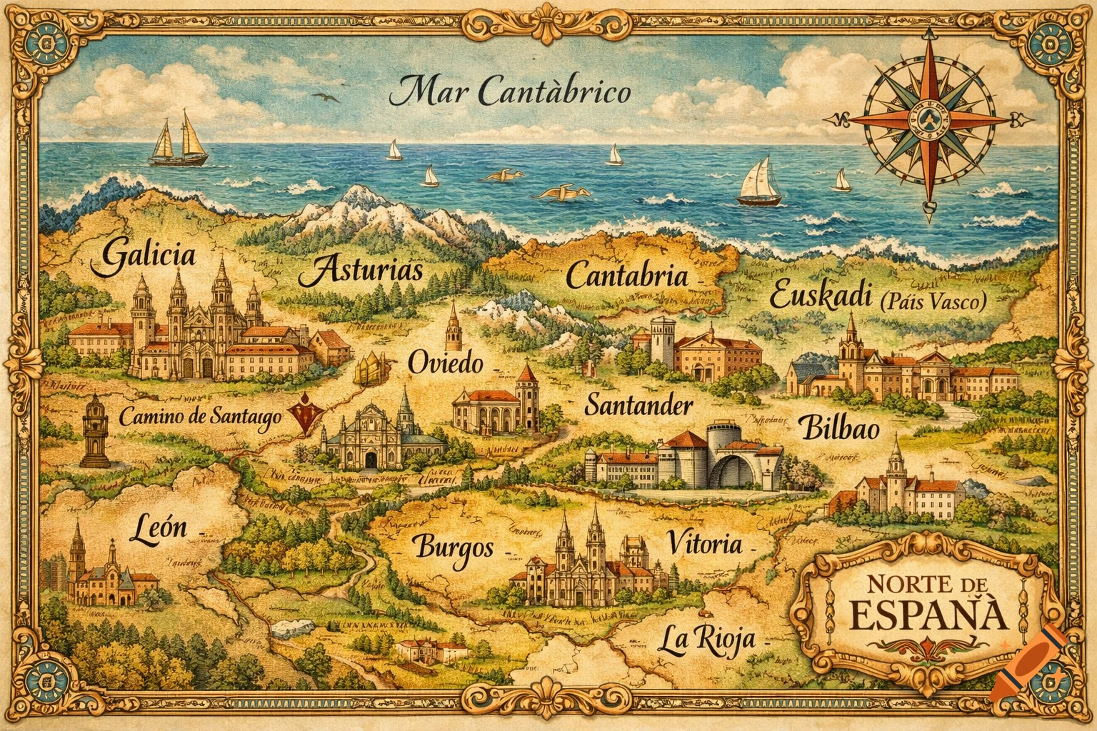 Vintage map of Northern Spain depicting regions, cities, and the Cantabrian Sea, framed by an ornate border.