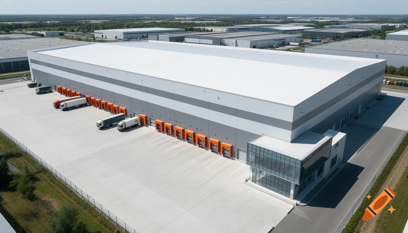 Aerial view of a large, modern industrial warehouse with grey and white panels, orange loading docks, and a glass office building on a sunny day.