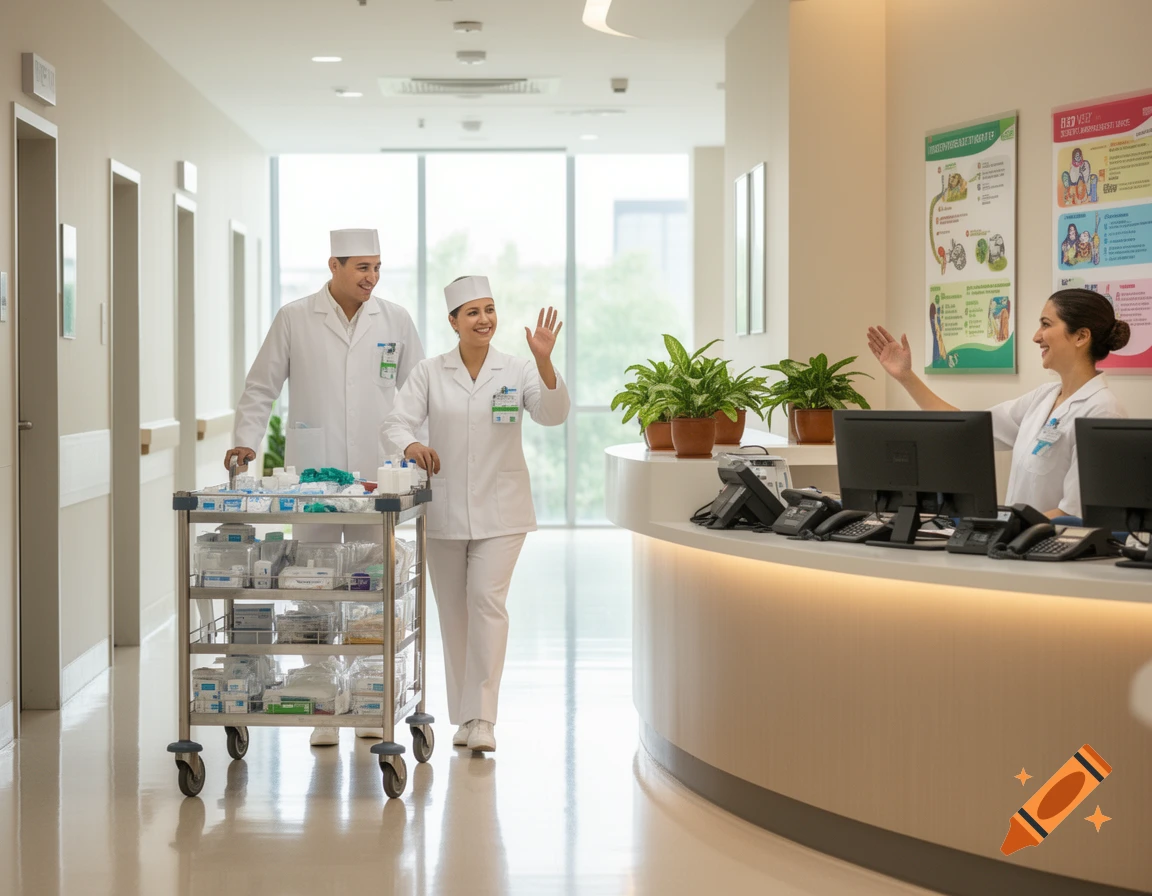 Two medical staff in white uniforms push a trolley through a brightly lit hospital corridor, waving to a receptionist behind a desk.
