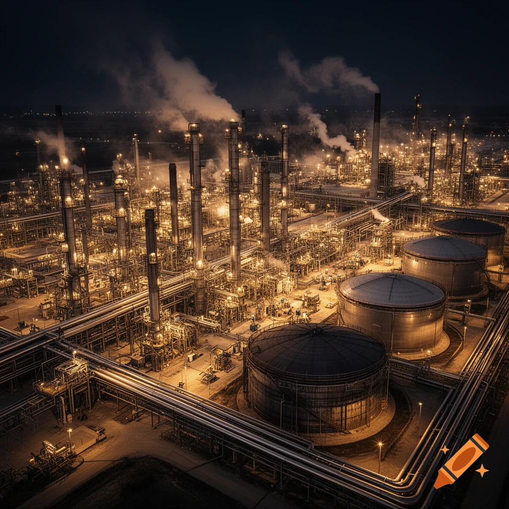 Aerial view of a brightly lit oil refinery at night, with smoke rising from stacks and large storage tanks.