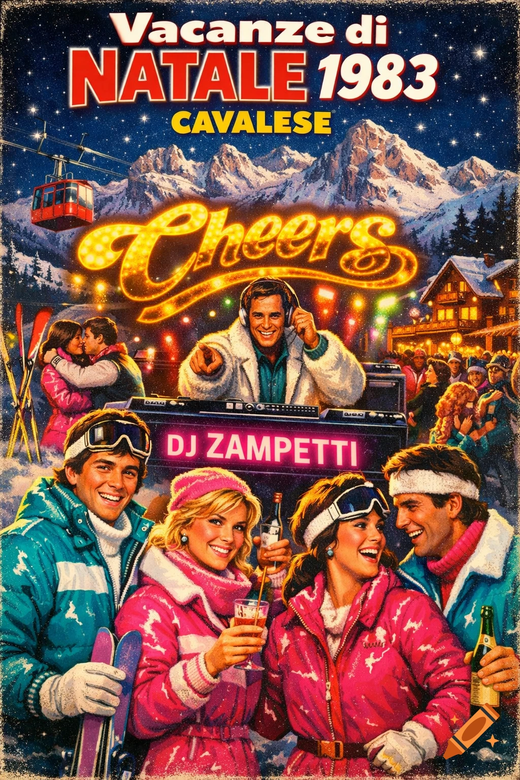 Vibrant 80s Italian movie poster for 'Vacanze di Natale 1983' showing a DJ and skiers partying in neon suits at a snowy mountain resort.