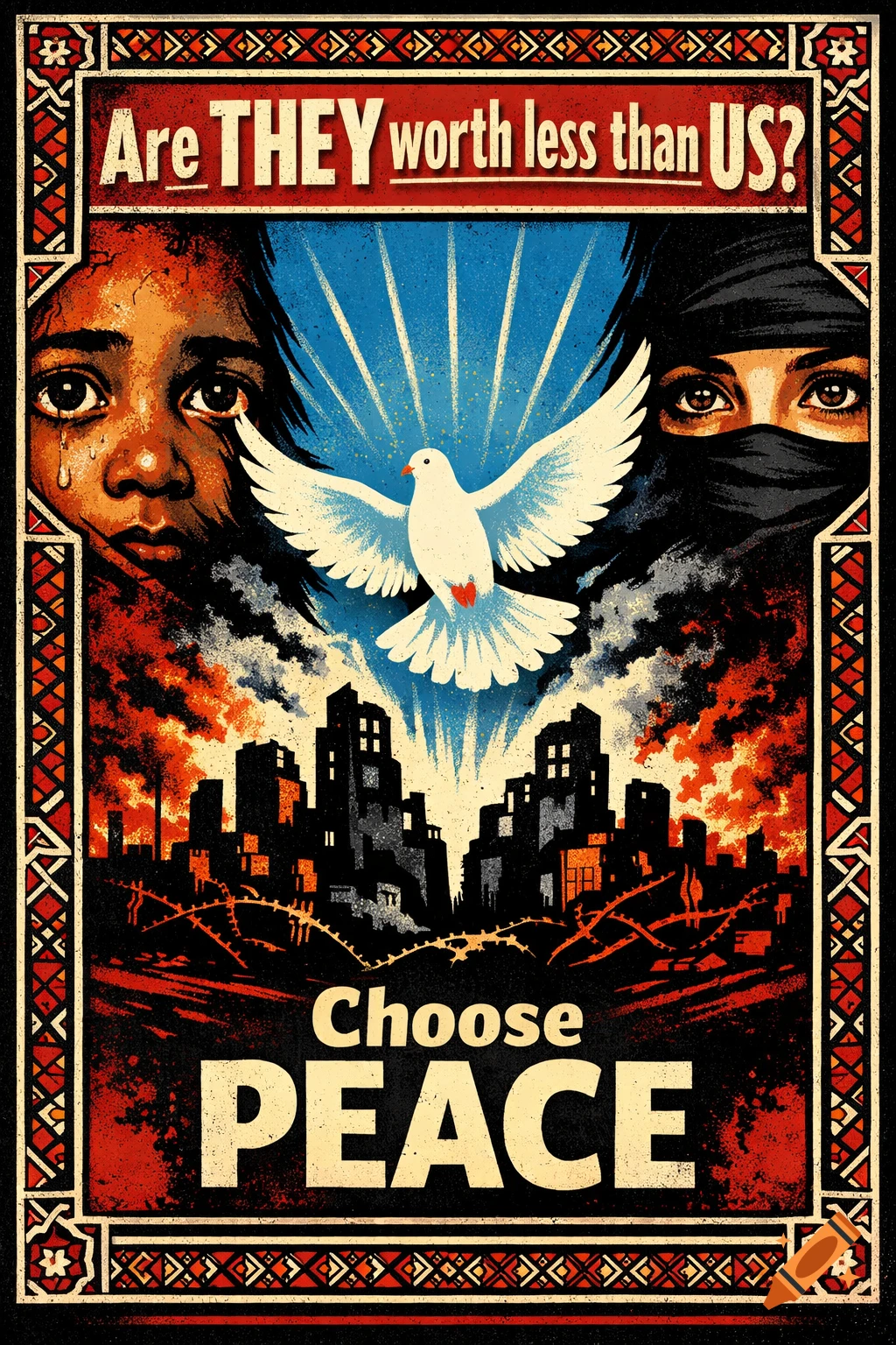 Propaganda poster depicting a crying child and a veiled person, a dove flying over a burning city, with text "Are THEY worth less than US?" and "Choose PEACE".
