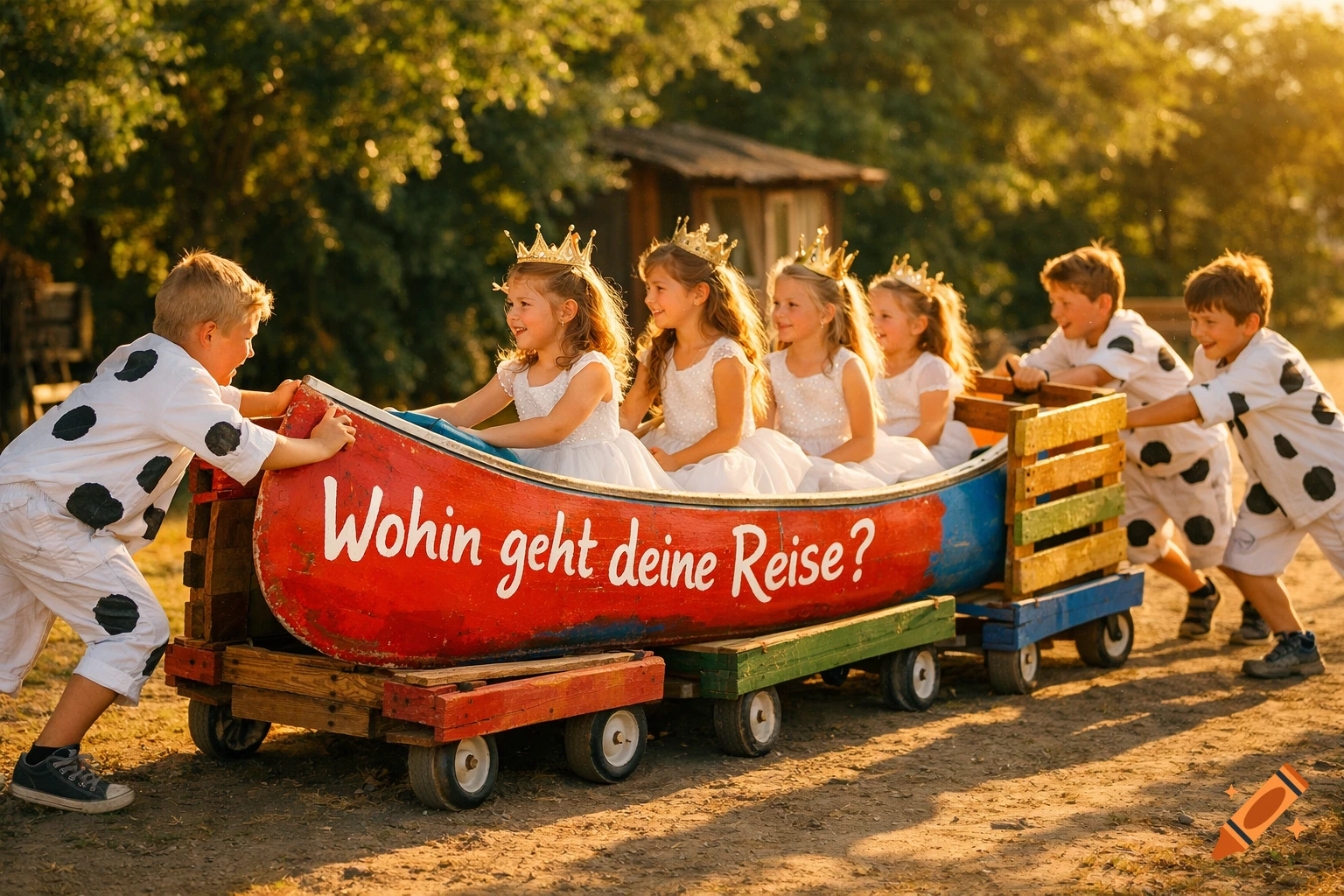 Children in a garden play with a handmade train made from a red canoe. Girls in white princess dresses sit inside, boys in spotted costumes push it.