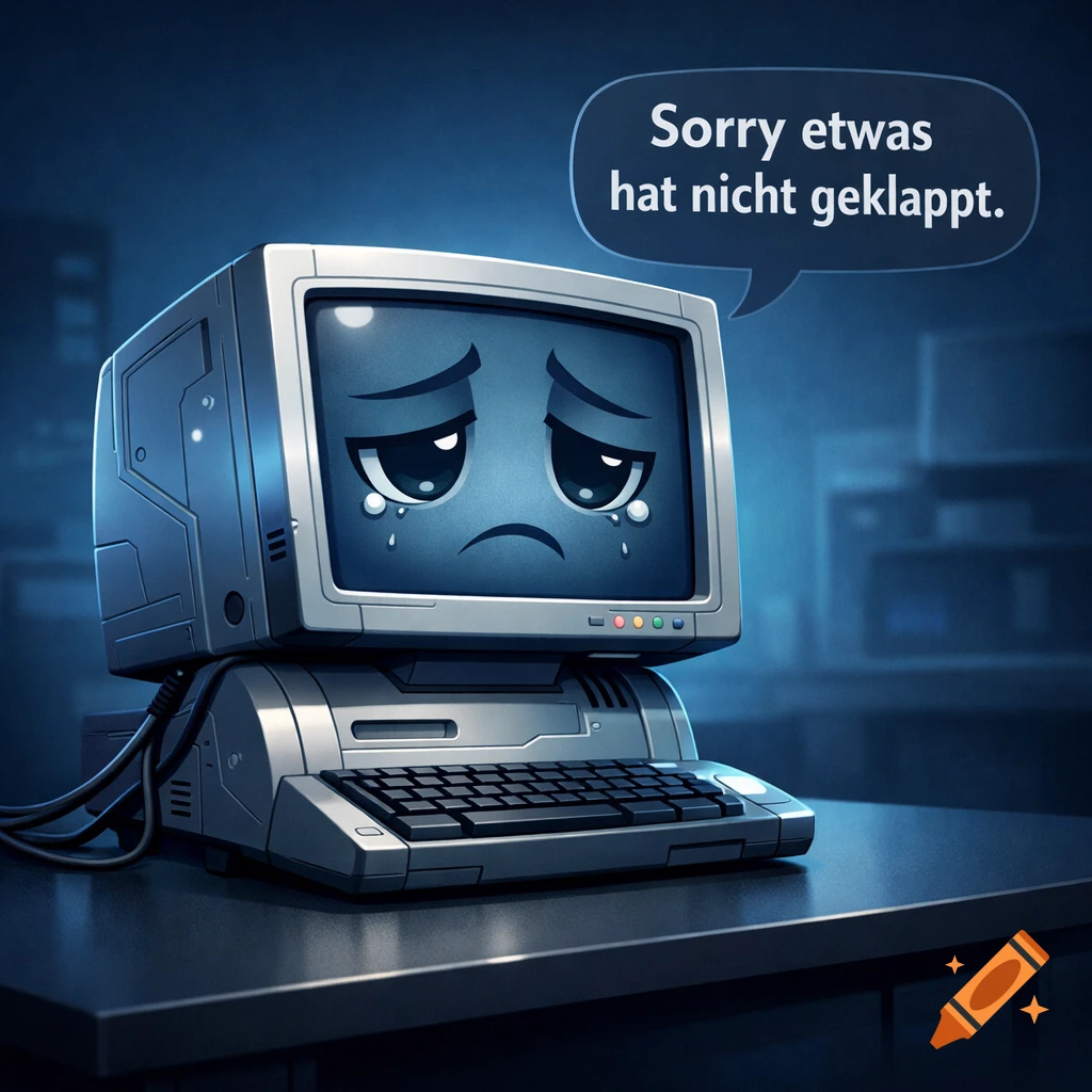 A sad, anthropomorphic retro computer with a crying face on its screen says "Sorry etwas hat nicht geklappt" in a speech bubble.