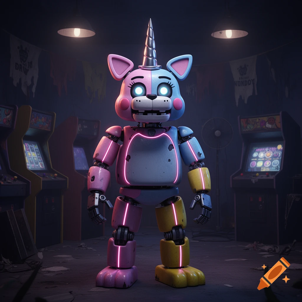 A pink, blue, and yellow animatronic unicorn robot with glowing eyes stands in a dark, abandoned arcade filled with game machines.