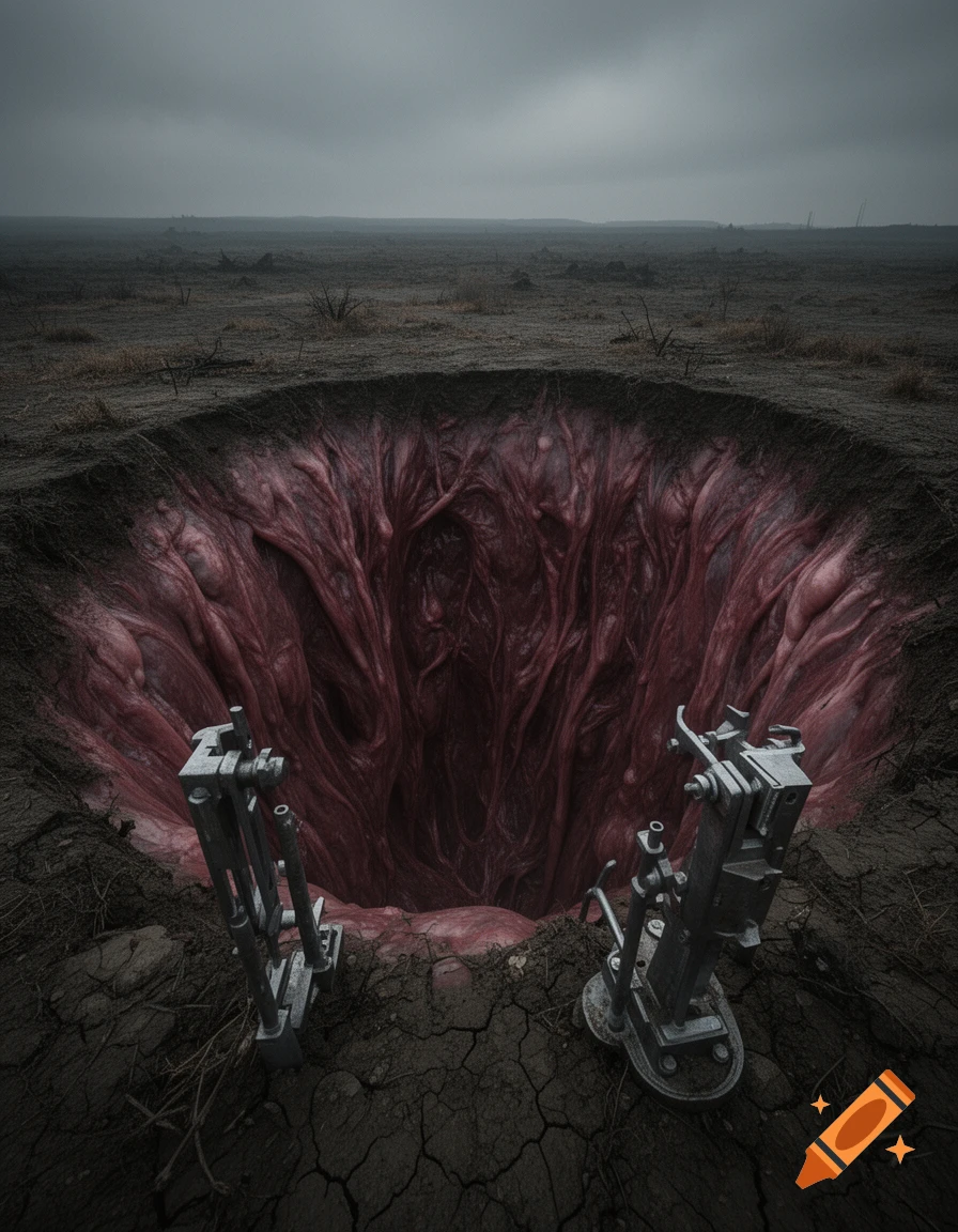 A dark, dreary landscape with a large, deep pit in the foreground filled with red, fleshy, organic-looking tendrils. Two metallic, industrial structures are at the pit's edge.