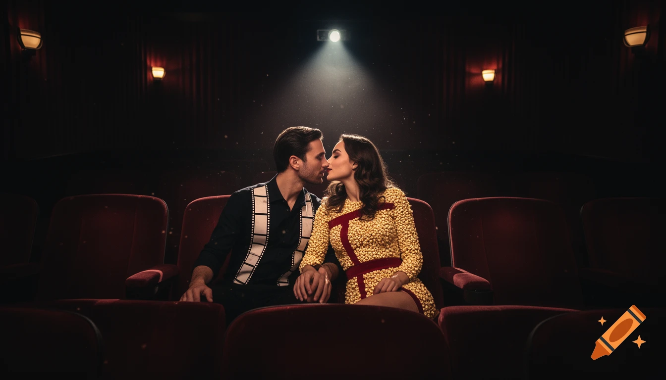 A photorealistic image of a couple kissing intimately in a dark cinema hall, illuminated by a spotlight.
