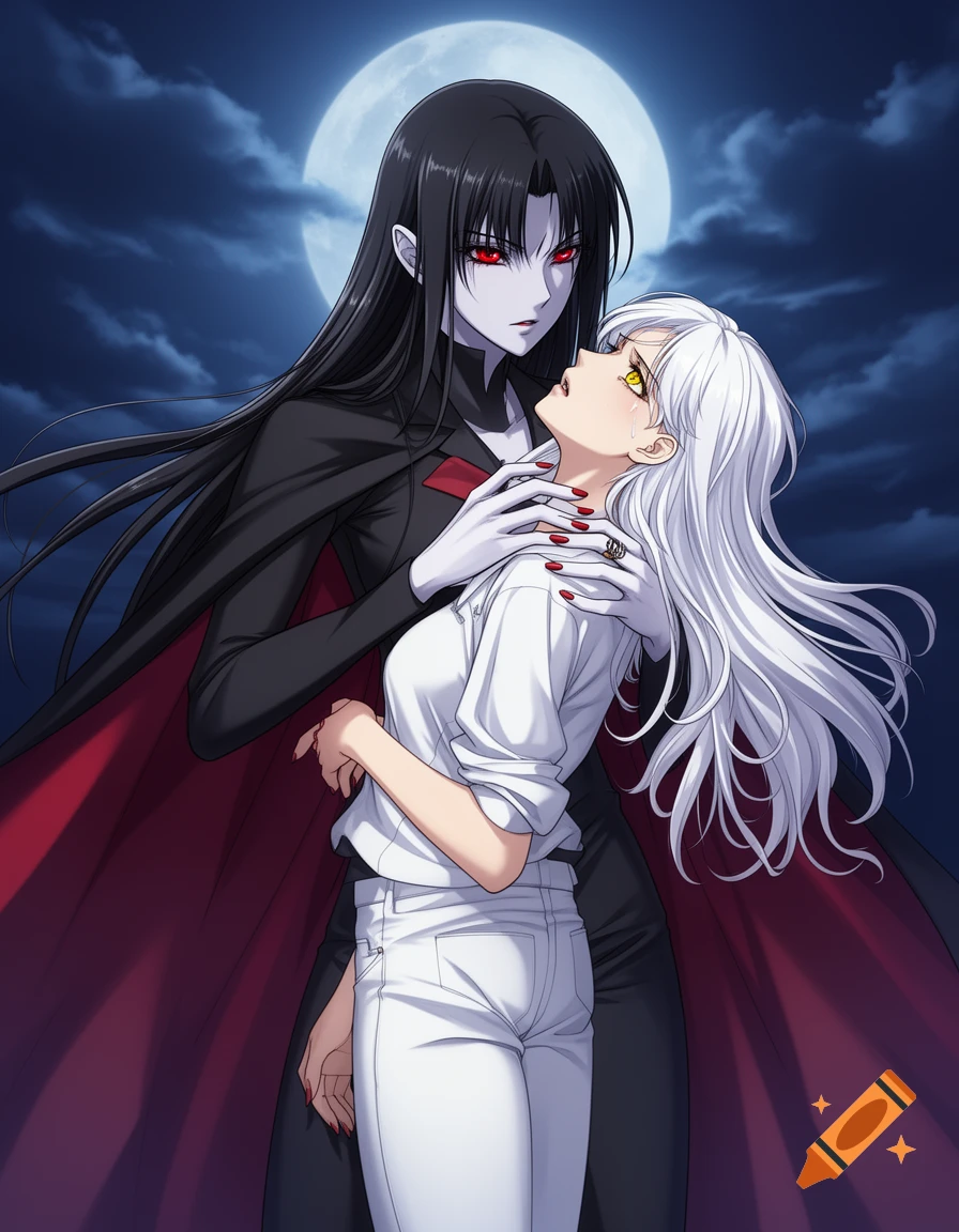 Anime style vampire woman with long black hair and red eyes holding a white-haired woman, under a full moon.
