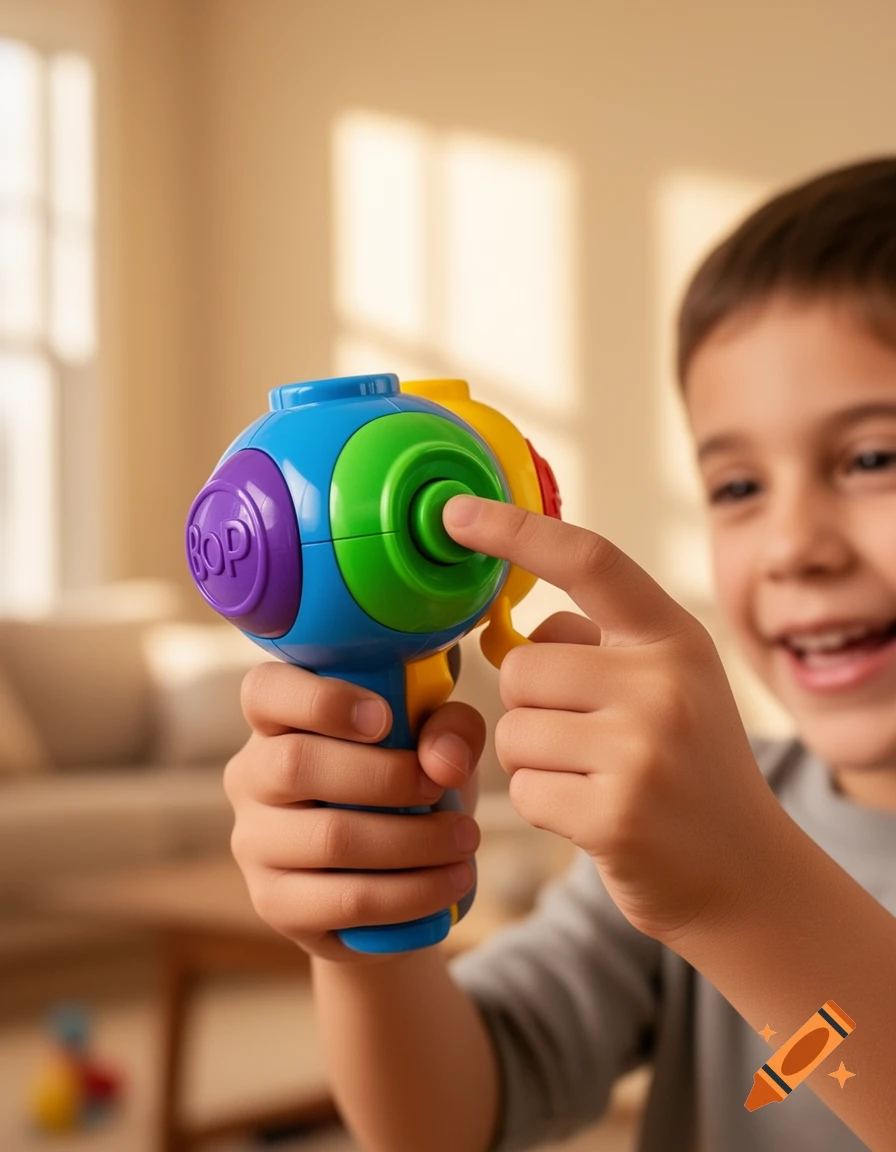 A smiling child's hands hold and press a colorful 'Bop It' toy in a photorealistic style.