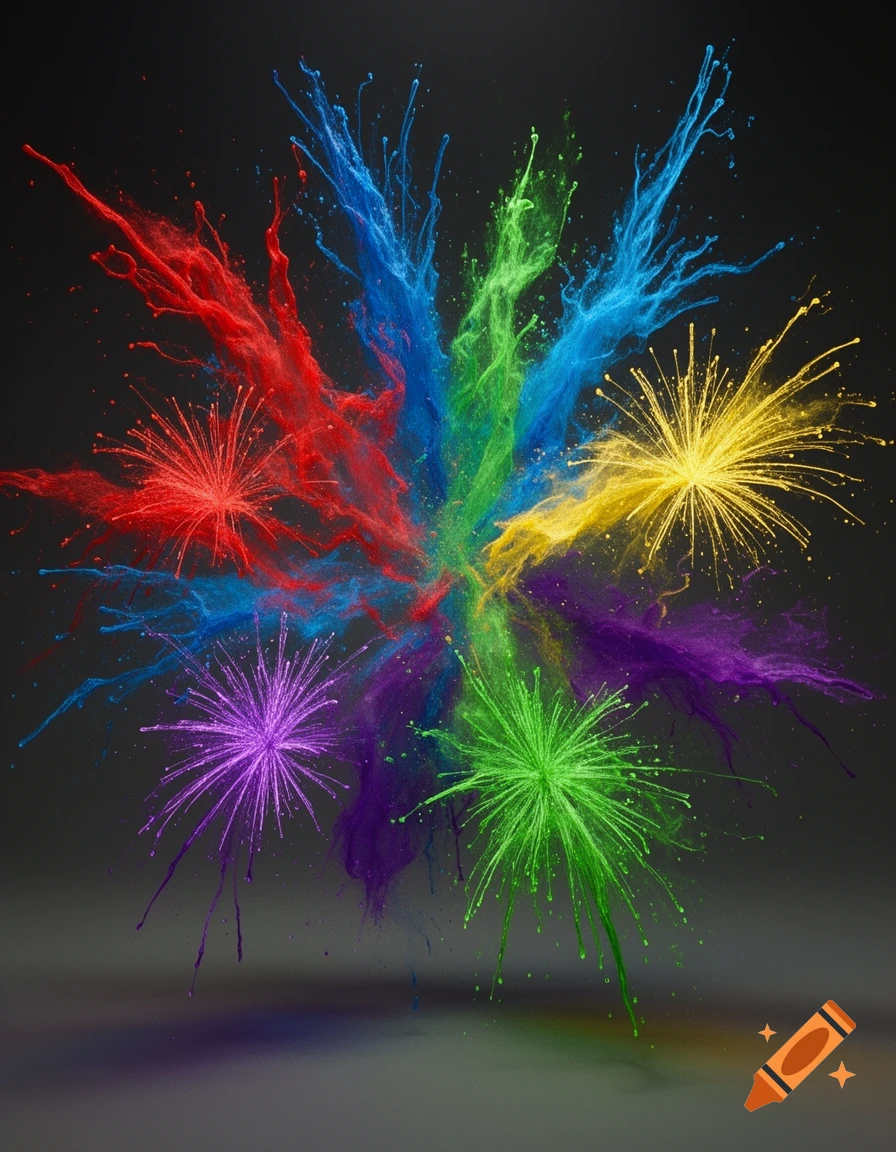 A vibrant, abstract explosion of colorful powder or paint splashes against a dark background.