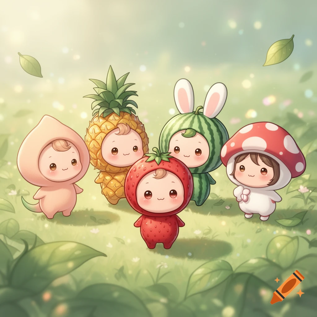 Five cute kawaii-style babies dressed in fruit, mushroom, and bunny costumes stand in a whimsical, pastel-colored leaf meadow.