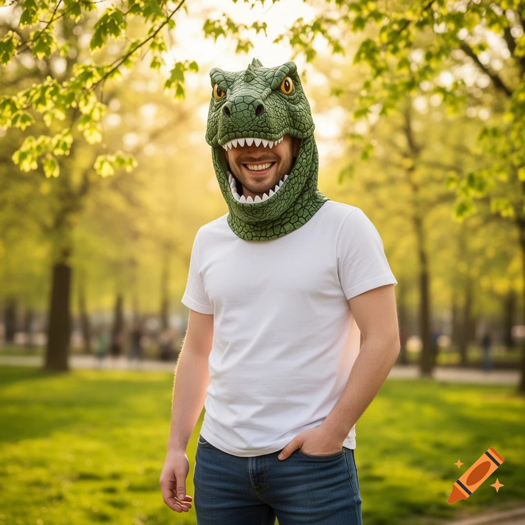 A smiling man wearing a green dinosaur hood stands in a sunlit park, looking forward. Photorealistic style.