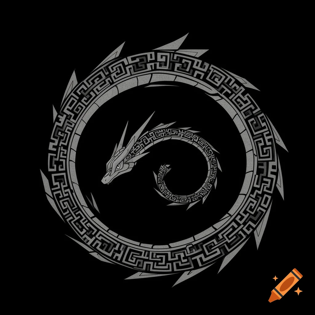 Greyscale Aztec-style Rayquaza dragon in a spiral, line art illustration on a black background.