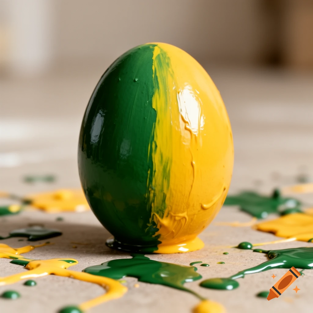 A close-up of an egg half painted green and half yellow, surrounded by green and yellow paint splatters on a light surface.