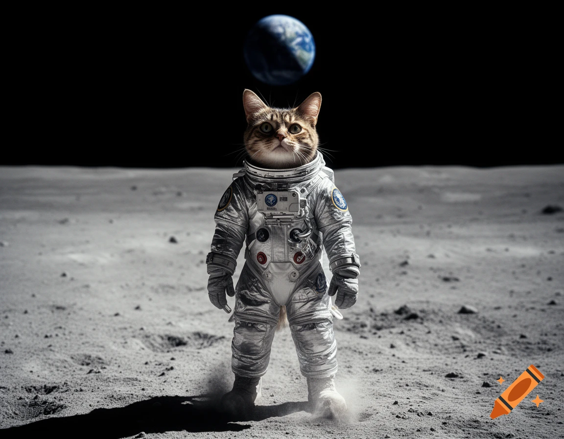 Photorealistic image of a tabby cat in a silver astronaut suit standing on the moon's surface with Earth visible in the dark sky.