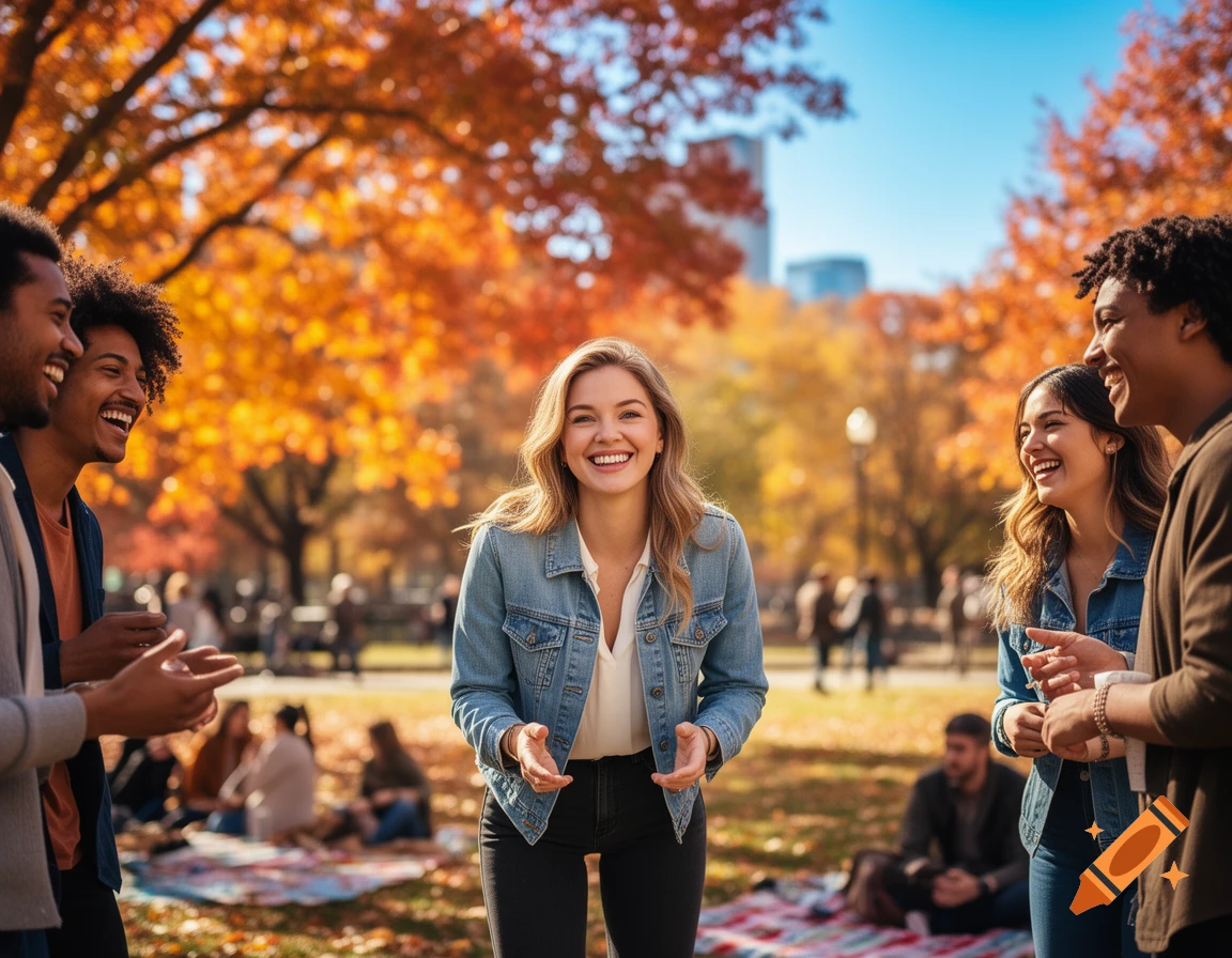 A group of diverse friends laughing and smiling together in a sunny ...