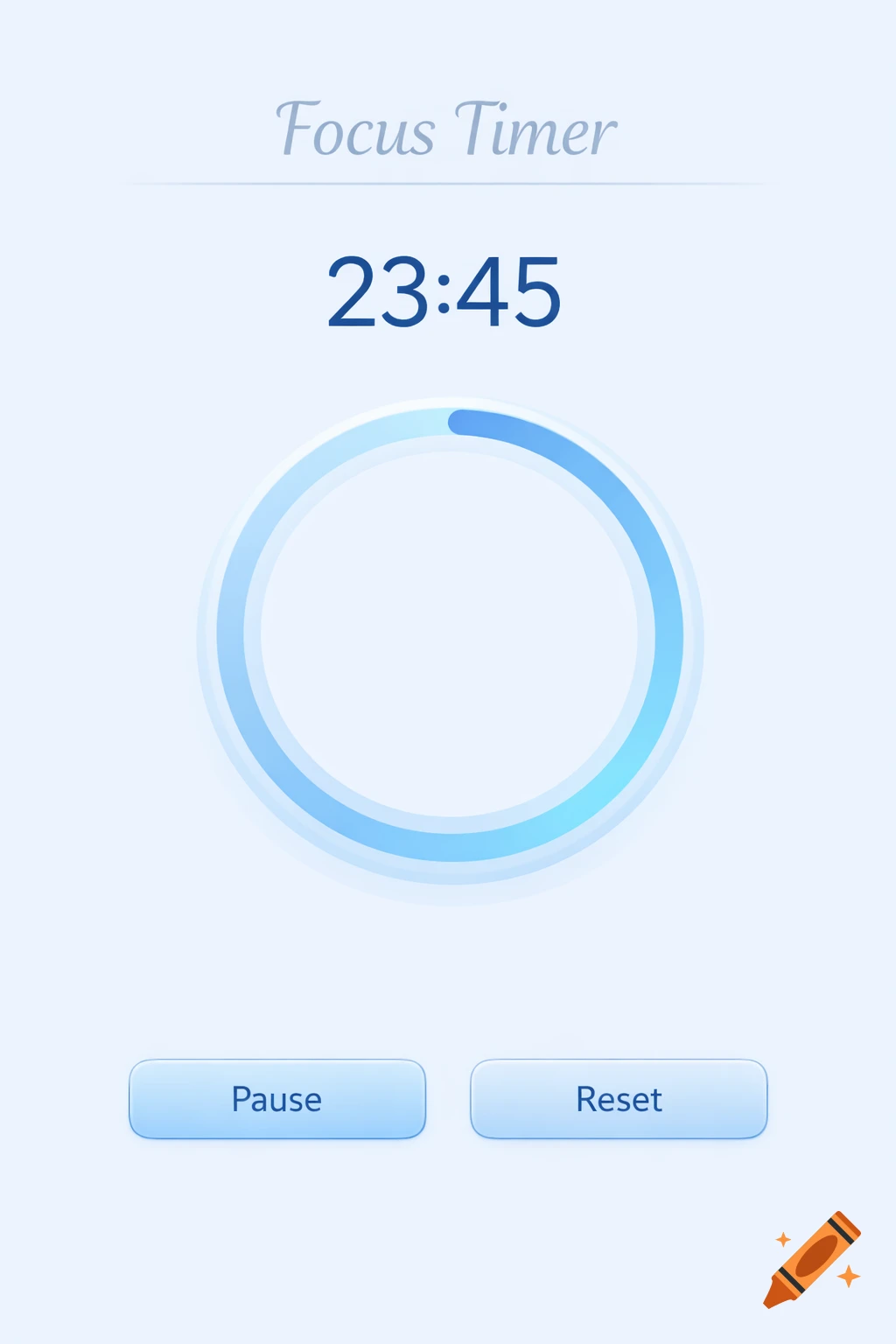 A minimalist light blue app screen for a focus timer showing 'Focus Timer', '23:45' and 'Pause' and 'Reset' buttons.