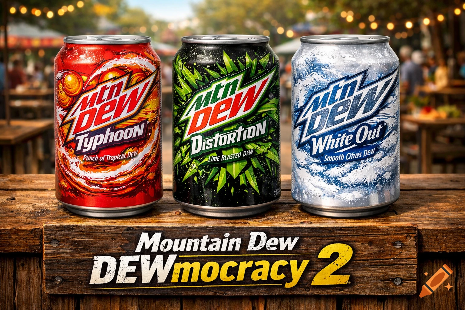 Three Mountain Dew cans (Typhoon, Distortion, White Out) on a wooden surface with a 'Mountain Dew DEWmocracy 2' sign, outdoor setting.
