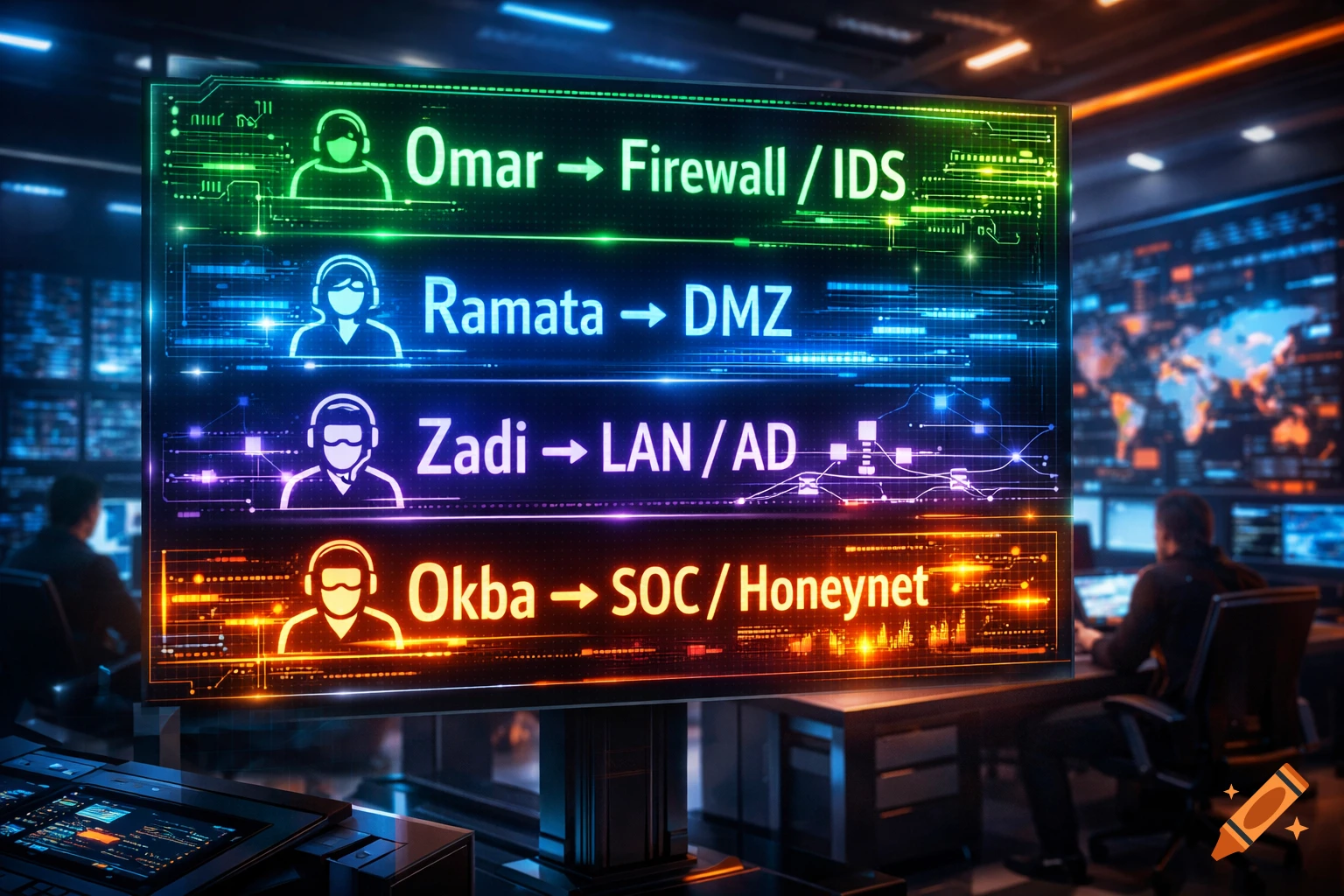 A futuristic control room with a glowing screen displaying cybersecurity roles and names, with blurred figures working in the background.