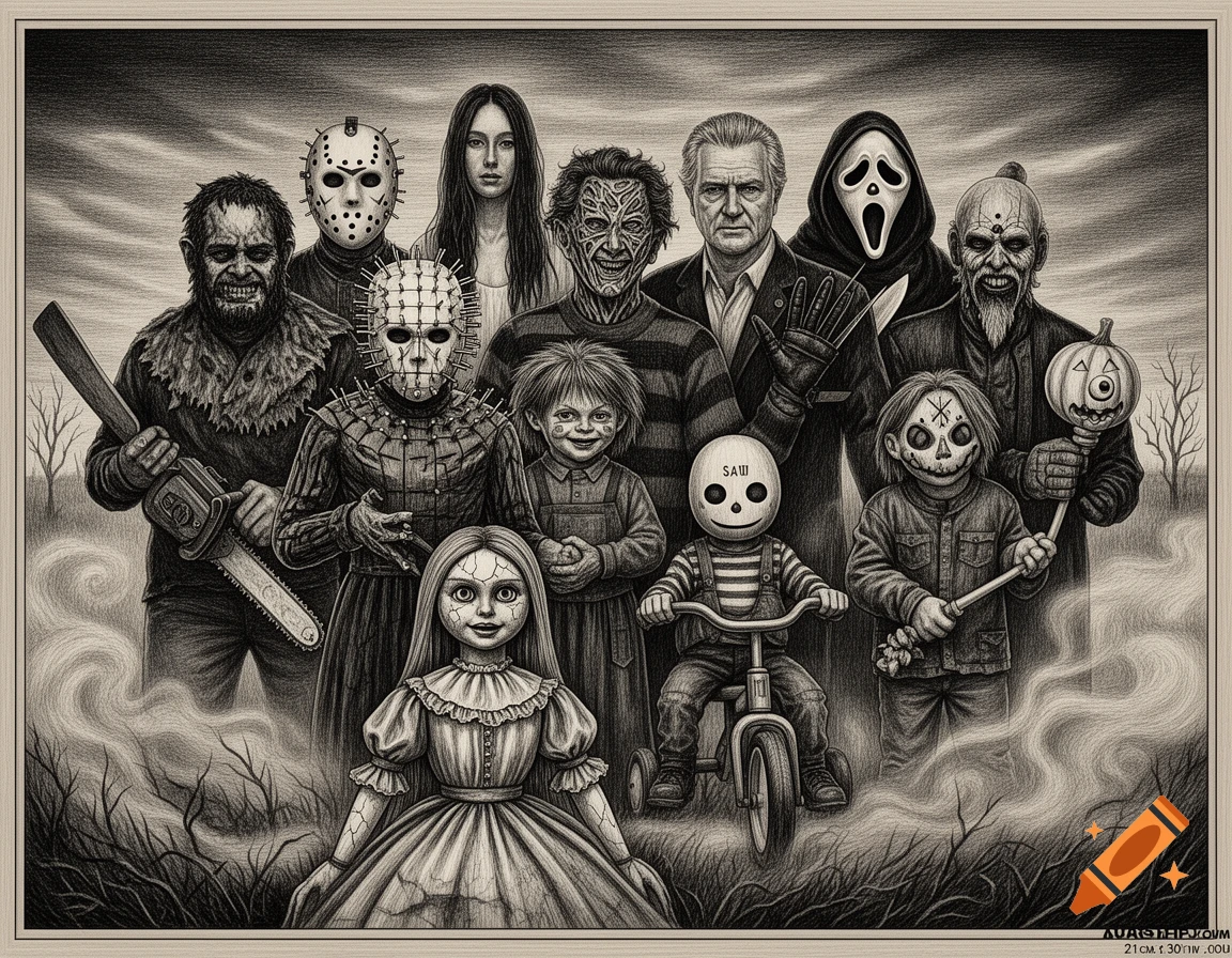 Detailed grayscale illustration of a large group of horror movie characters like Leatherface, Pinhead, Ghostface, Chucky, and Billy the Puppet in a misty setting.
