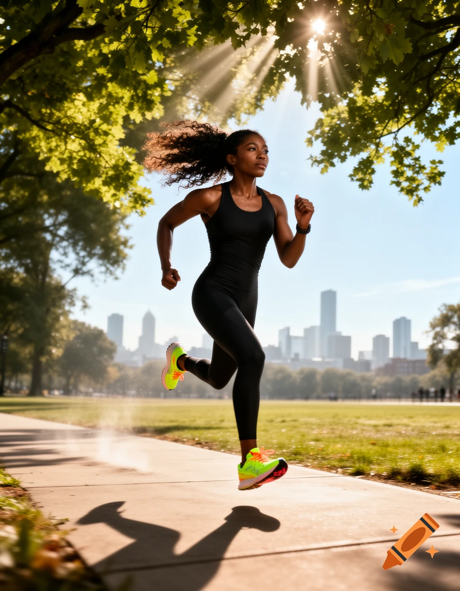 A determined woman with curly hair runs on a park path, sunlight streaming through green trees, with a city skyline in the background.