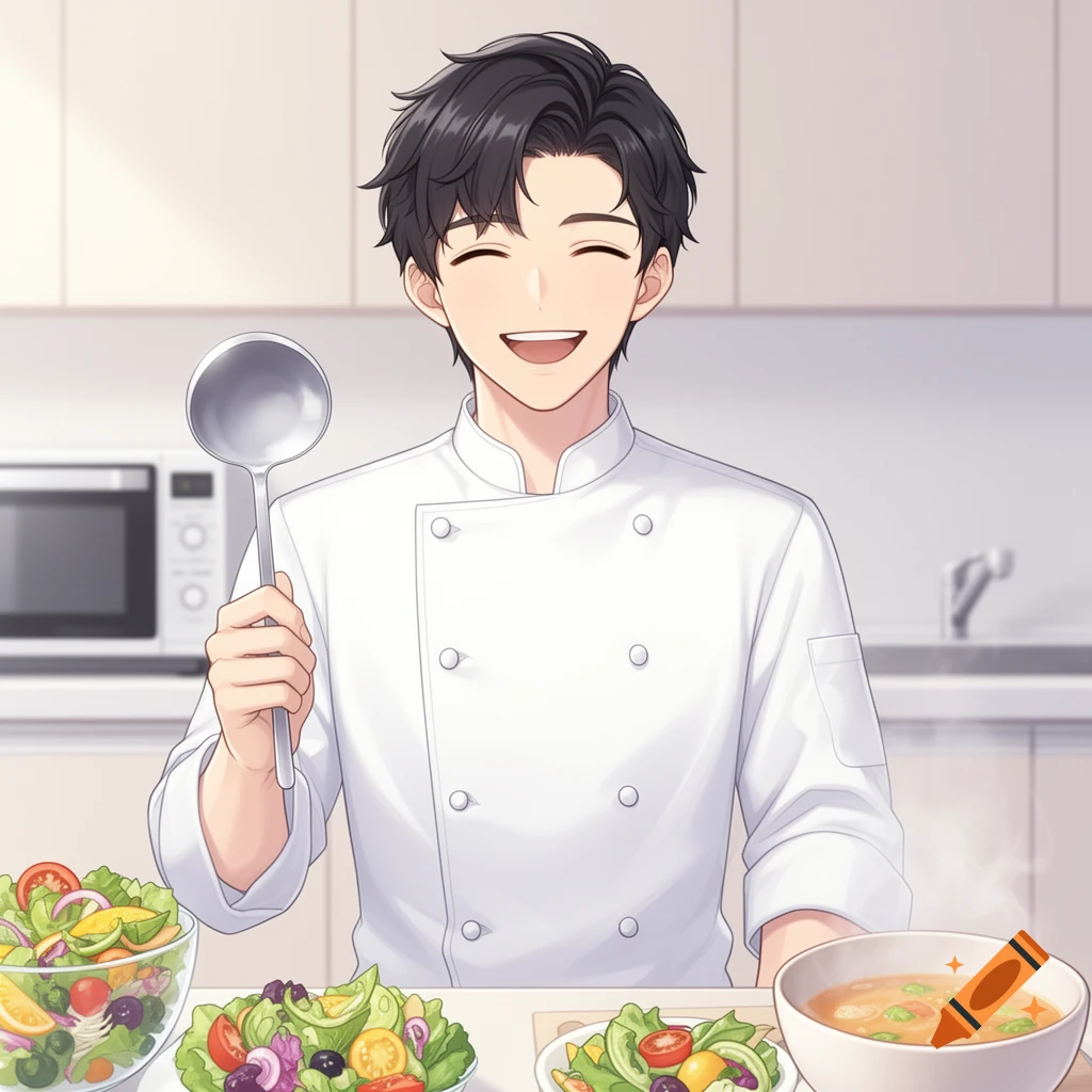 Smiling anime-style young Japanese male chef in a white coat holding a ladle in a modern kitchen with salads and soup.