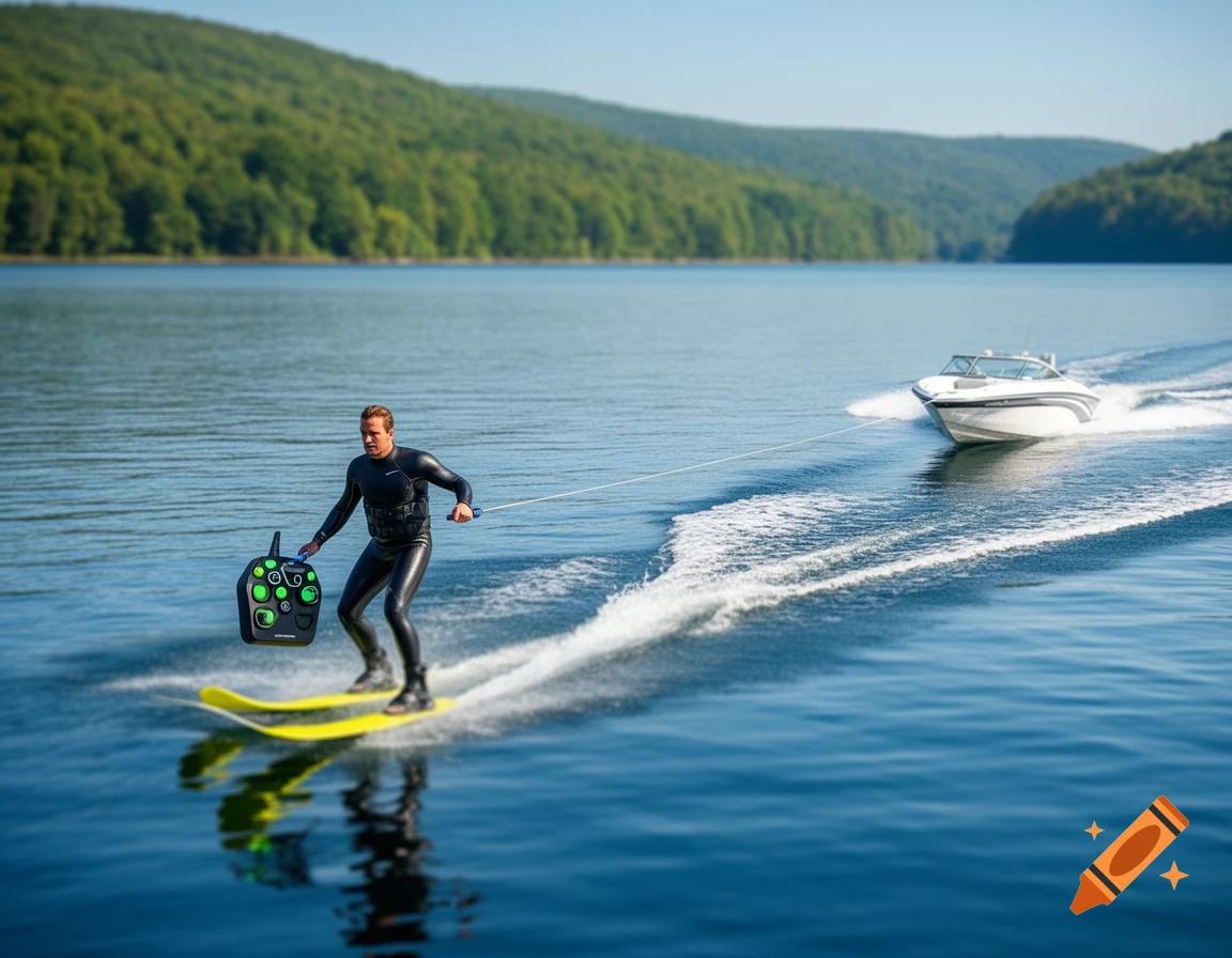 A man water skis on a calm lake, holding a large remote control device, as a white speedboat pulls him across the water.