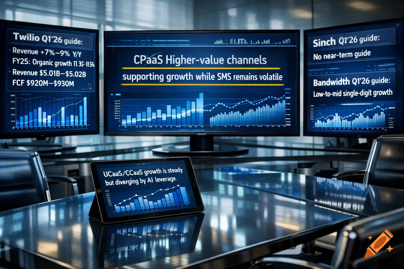 A business conference room with four screens displaying graphs and financial data for tech companies, reflecting in a glossy table.