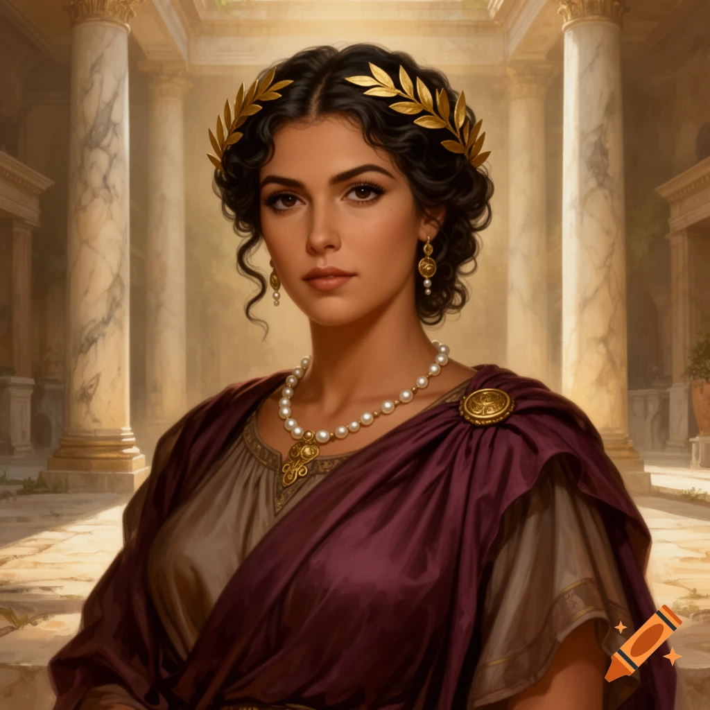 A beautiful Roman woman in a laurel wreath, pearl necklace, and purple toga stands in a classical courtyard.