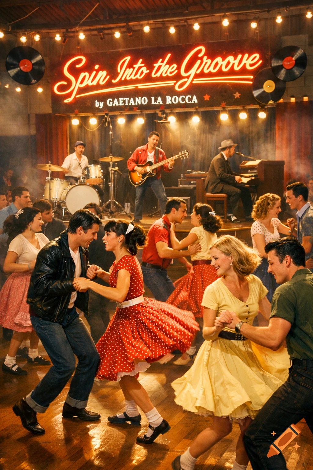 Lively 1950s dance party with couples swing dancing on a wooden floor, a band playing on stage, and a neon sign.