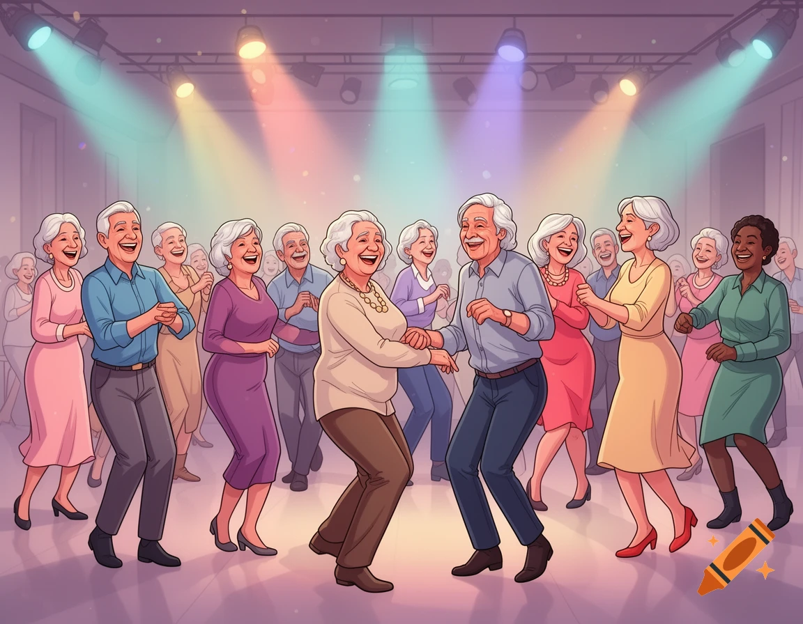 A joyful illustration of diverse elderly people dancing and laughing at a party with colorful lights.