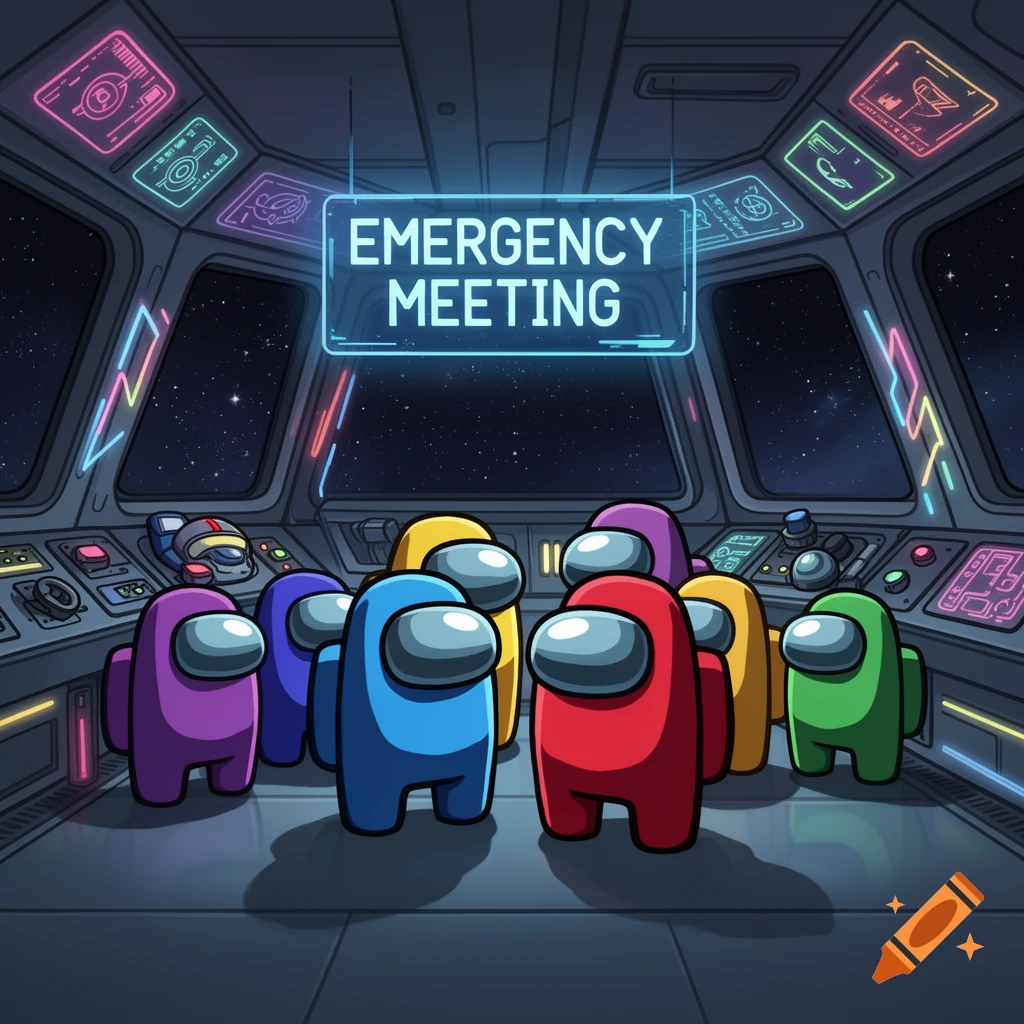 Colorful Among Us crewmates stand on a spaceship bridge with an 'EMERGENCY MEETING' sign above them.