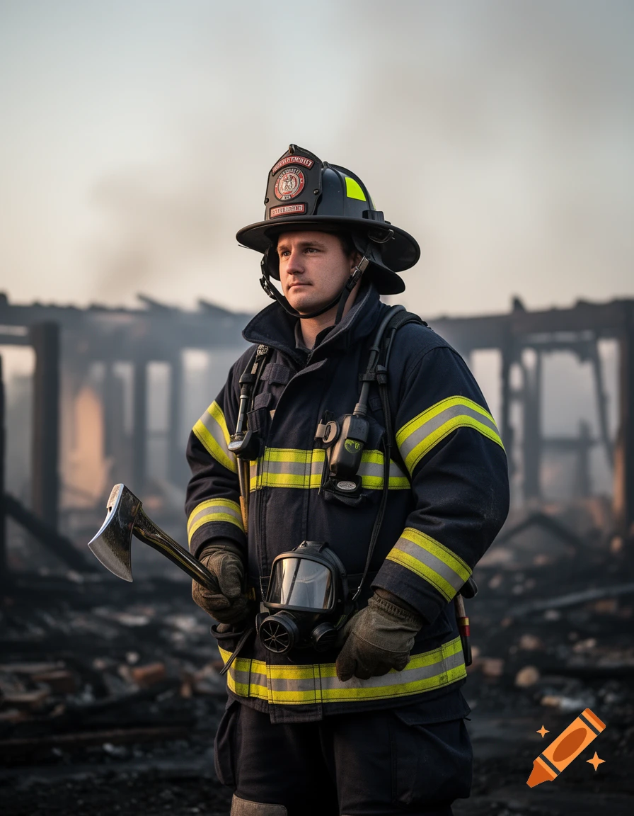 Photorealistic image of a male firefighter in uniform, holding an axe, standing amidst the smoky ruins of a burned building.